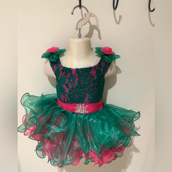 Infant 3-6 Months Pink & Green Pageant Dress With matching headband & Bow  NWT
